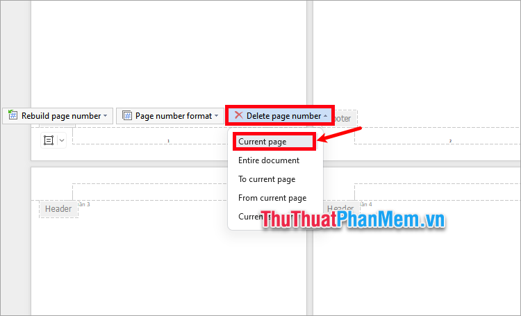 Nhấp đúp chuột của trang đầu và chọn Delete Page Number → Current page