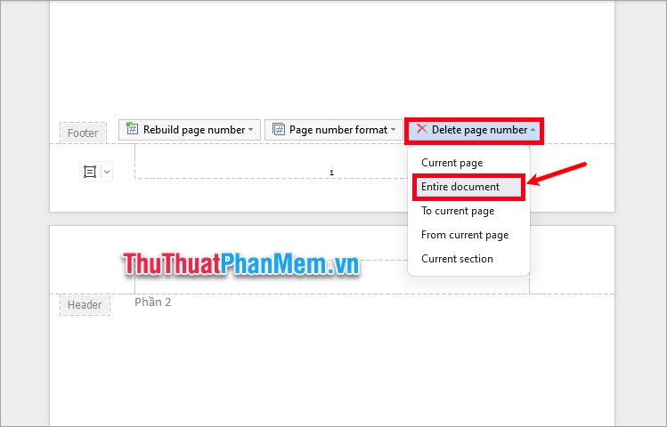 Nhấp đúp vào số trang chọn Delete page number → Entire document