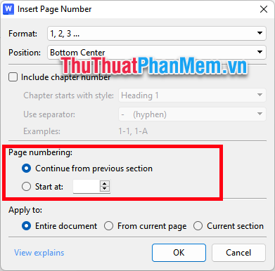 Số bắt đầu đánh số trang