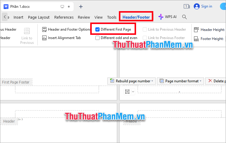 Trong thẻ Header-Footer, bạn đánh dấu tích chọn trước ô Different First Page