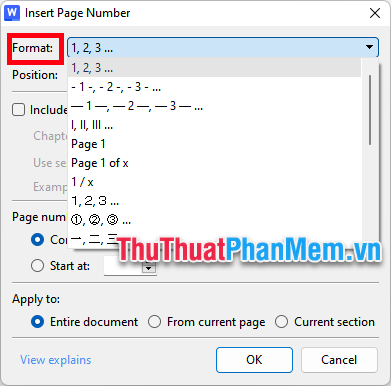 Xuất hiện hộp thoại Insert Page Number, bạn thực hiện một số tùy chỉnh đánh số trang