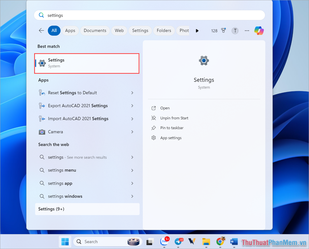 Bạn nhập từ khóa Settings trên thanh tìm kiếm để mở Cài đặt trên máy tính Windows 11