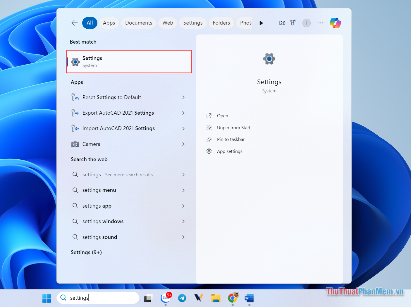 Bạn nhập từ khóa Settings vào thanh tìm kiếm để mở Cài đặt