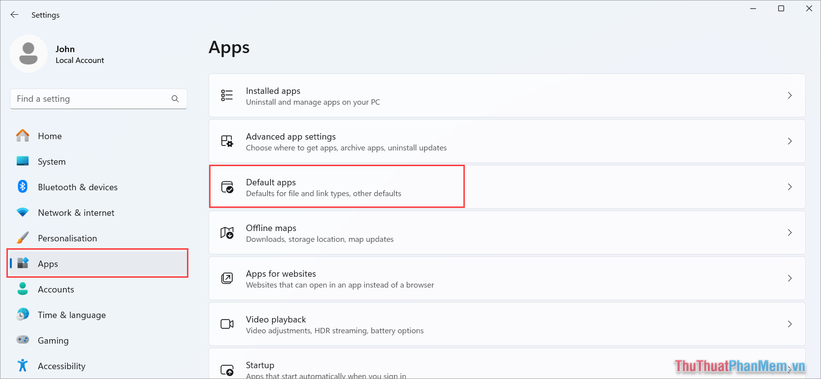 Chọn Apps và ấn Default Apps để thiết lập ứng dụng mặc định trên Windows 11