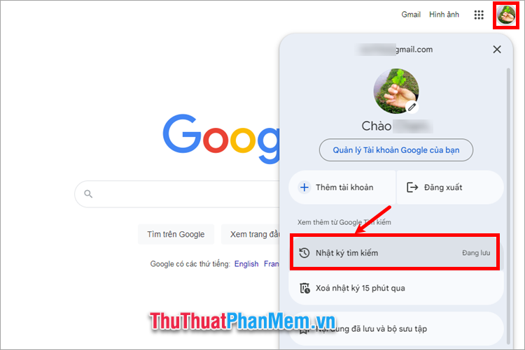 Chọn biểu tượng avatar của tài khoản google và chọn Nhật ký tìm kiếm