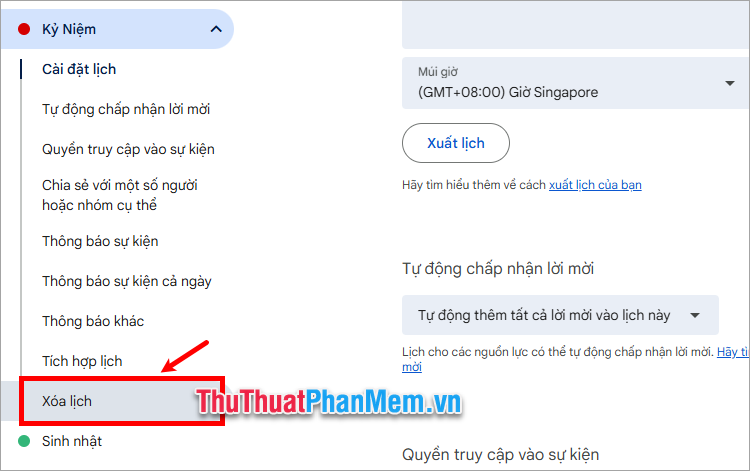 Chọn lịch bạn muốn xóa trong menu bên trái, chọn Xóa lịch