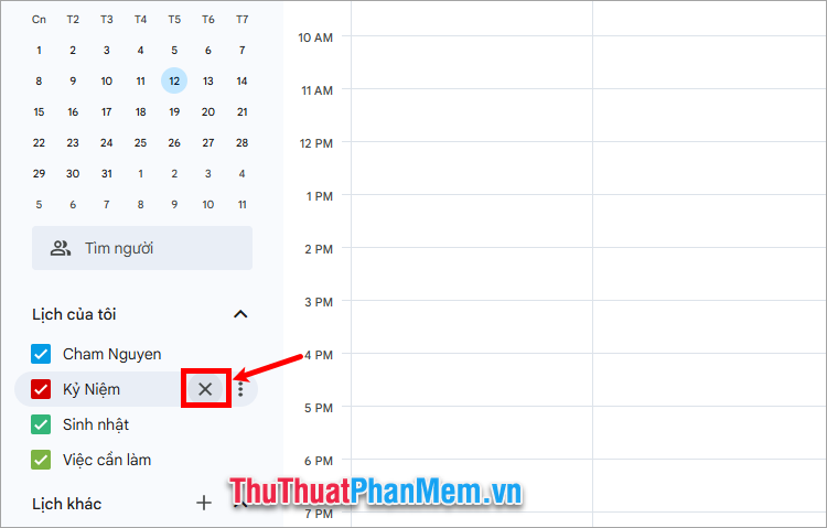 Chọn lịch và chọn biểu tượng X