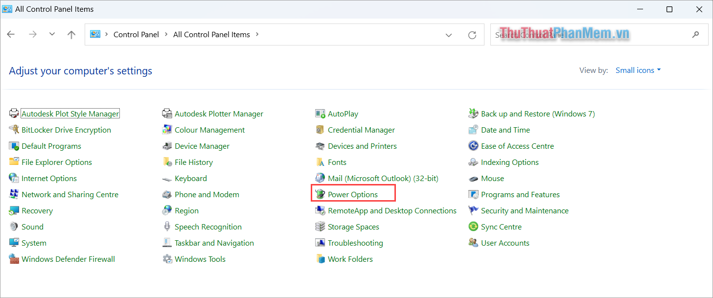 Chọn mục Power Options để thiết lập năng lượng trên máy tính Windows