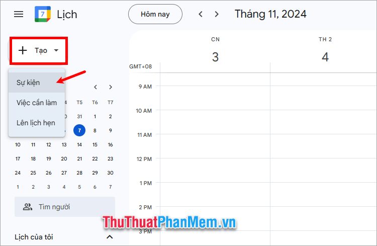 Chọn Tạo → chọn kiểu lịch (Sự kiện, việc cần làm, lên lịch hẹn)