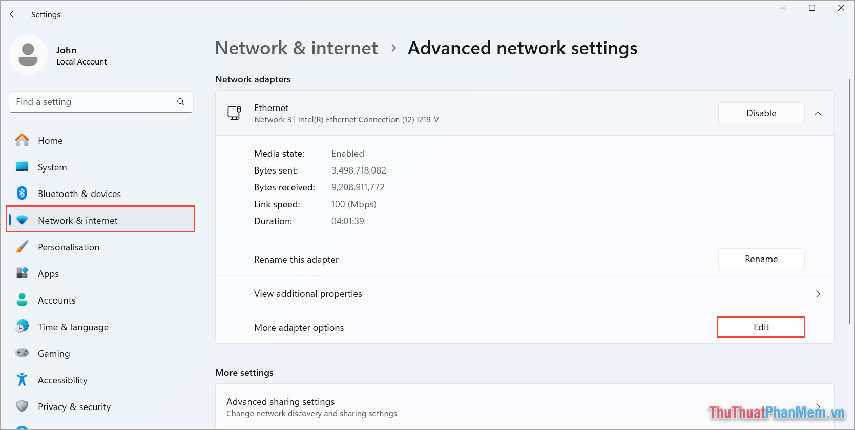 Chọn thẻ Network & internet → Advanced network settings → Ethernet → Edit