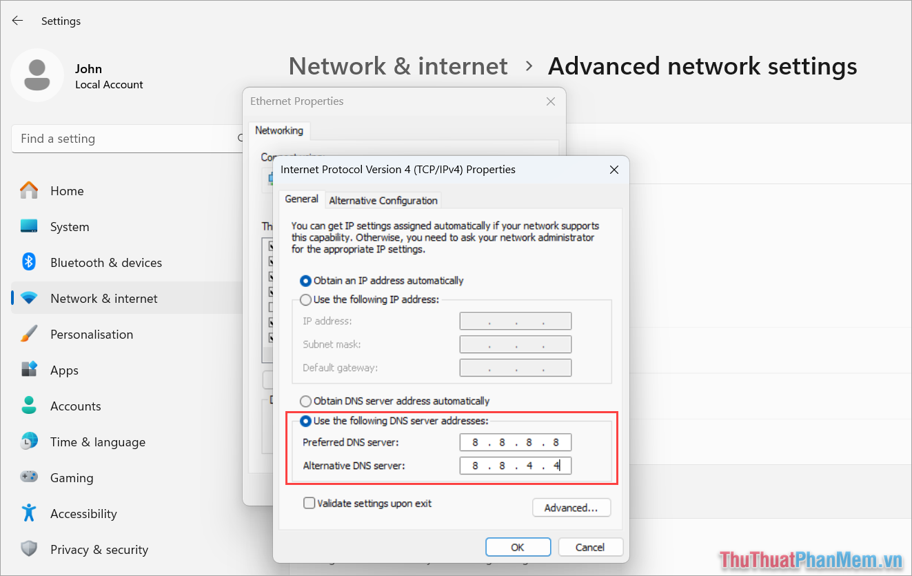 Chọn Use the following DNS server address và nhập giá trị như sau