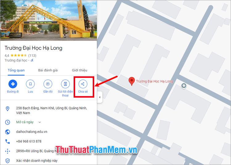 Để chia sẻ tọa độ X, Y trên Google Maps, ấn Chia sẻ và chọn phương thức chia sẻ