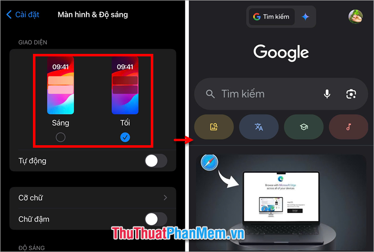 Đổi giao diện sáng hoặc tối, như vậy giao diện Google cũng sẽ đổi màu theo