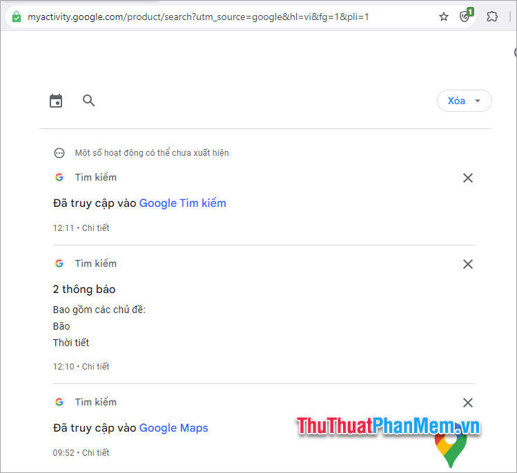 Google sẽ đưa đến trang Nhật ký tìm kiếm