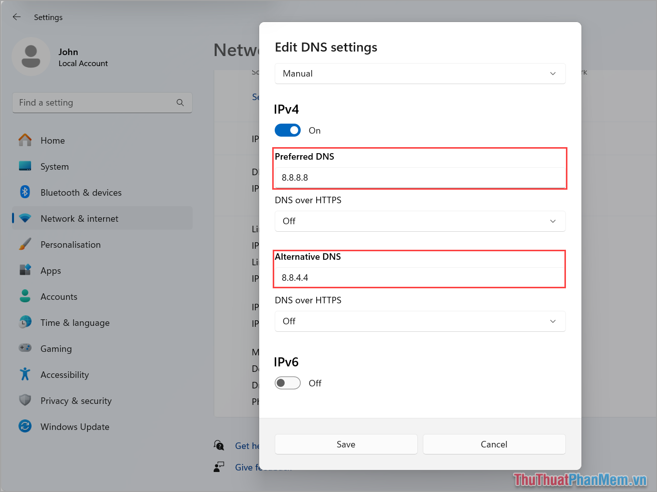 Kích hoạt IPv4 và đặt các giá trị DNS Google vào trong hệ thống như sau