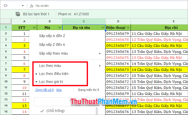 Lọc dữ liệu nào bạn chọn vào biểu tượng trong ô tiêu đề của cột đó