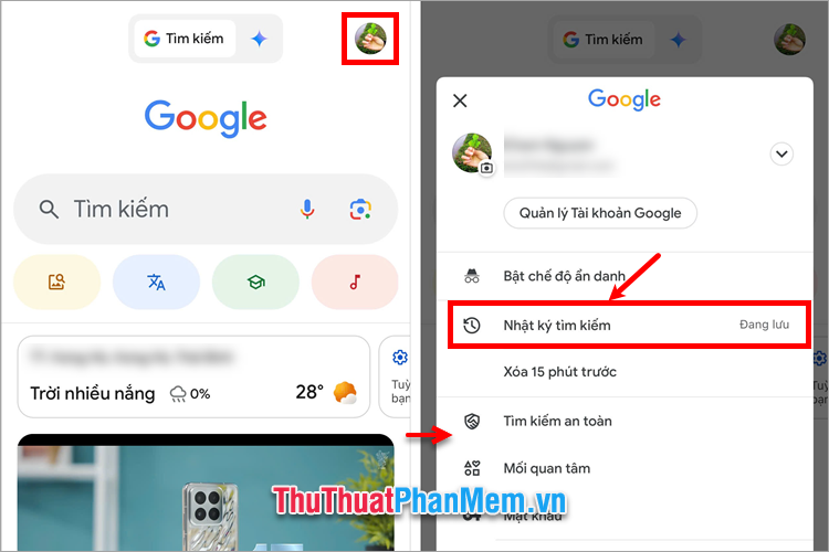 Mở ứng dụng Google, chọn biểu tượng avatar → Nhật ký tìm kiếm