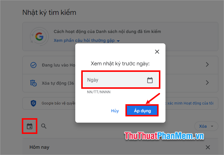 Nhấn chọn biểu tượng quyển lịch nhỏ và nhập ngày, chọn Áp dụng