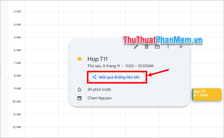 Nhấn lịch sự kiện và ấn Mời qua đường liên kết