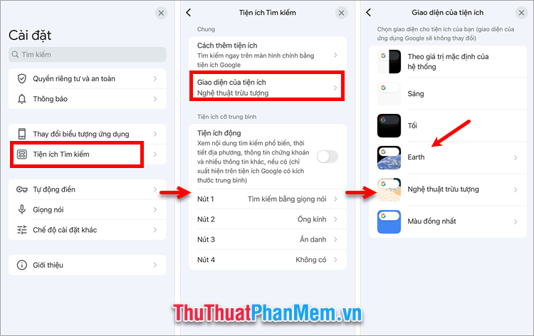 Nhấn Tiện ích Tìm kiếm → Giao diện của tiện ích → chọn đến giao diện