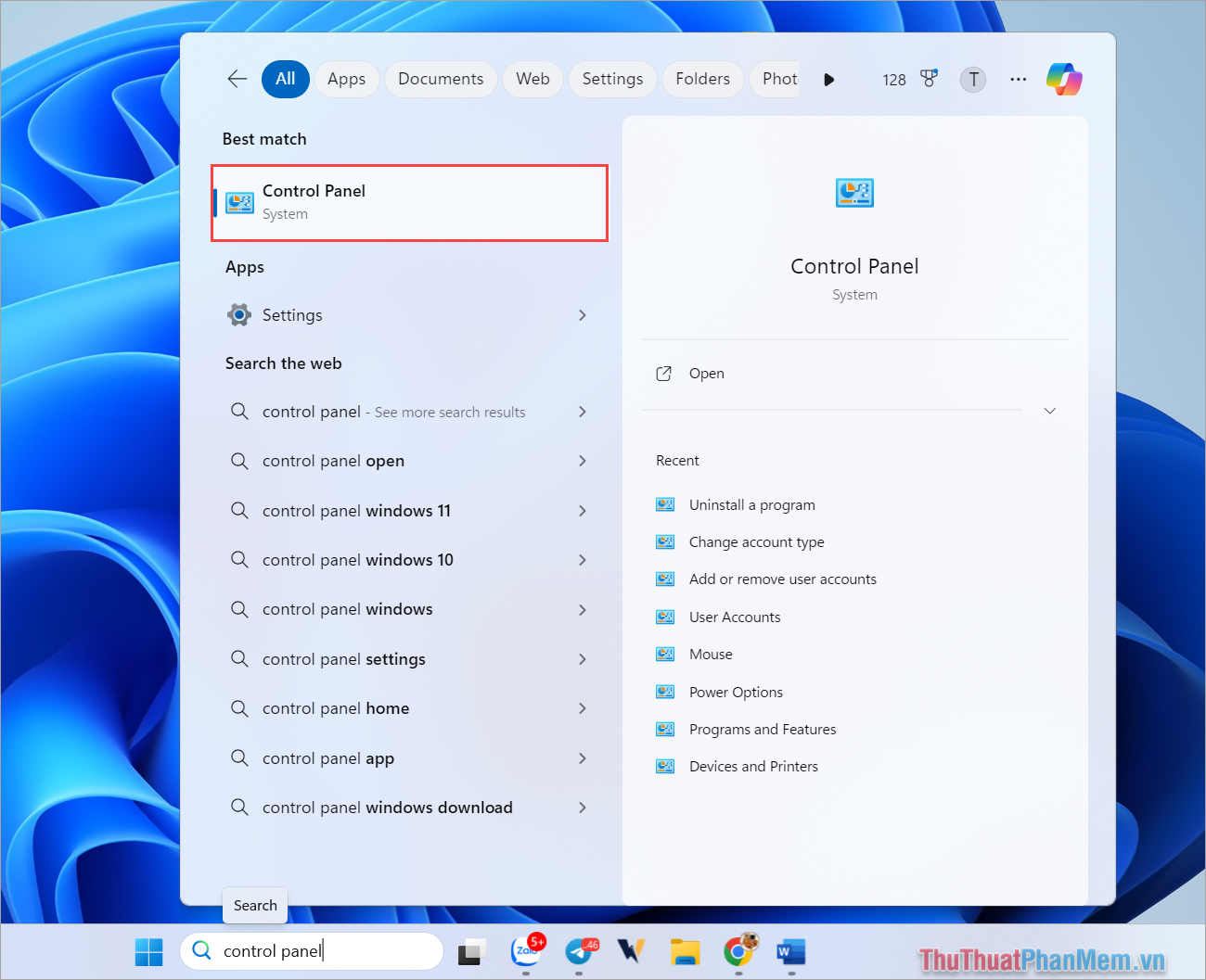 Nhập Control Panel vào thanh tìm kiếm để mở trình quản lý trên máy tính Windows