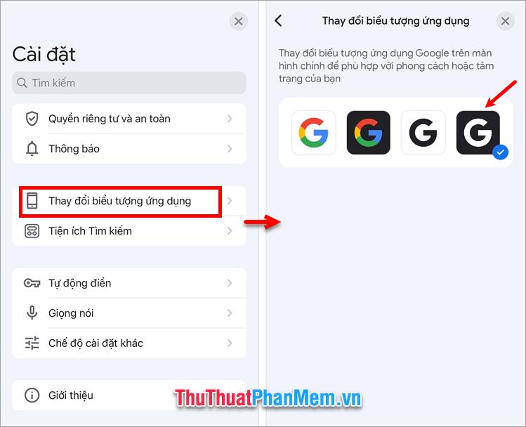 Phần Cài đặt chọn Thay đổi biểu tượng ứng dụng → ấn đến biểu tượng