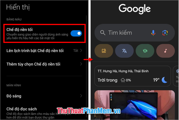 Phần Chế độ nền tối bạn gạt nút điều khiển sang phải để đổi màu giao diện nền