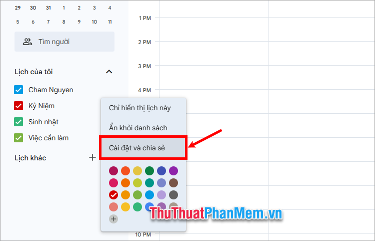 Phần Lịch của tôi chọn Cài đặt và chia sẻ