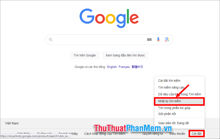 Phía dưới bên phải Google, bạn chọn Cài đặt → Nhật ký tìm kiếm