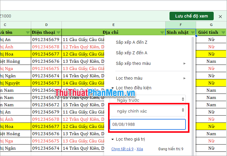 Sau đó nhập điều kiện phù hợp bạn chọn