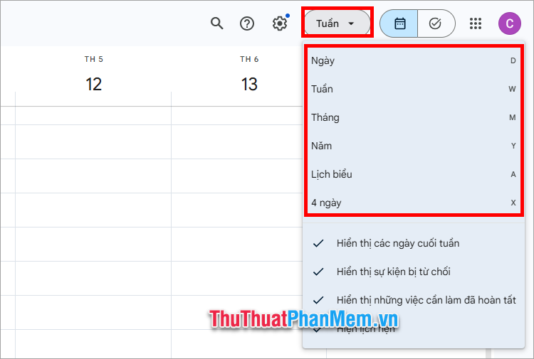 Thay đổi chế độ xem lịch trên Google Calendar