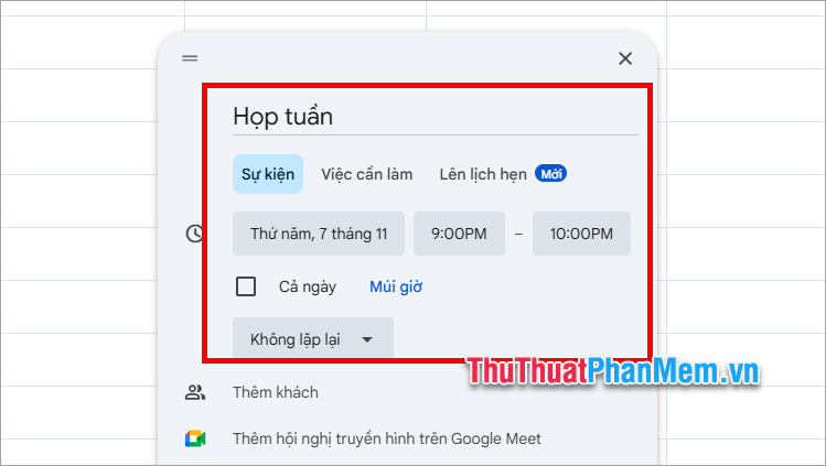 Xuất hiện phần tạo sự kiện mới, bạn nhập tiêu đề cho sự kiện, thay đổi thời gian