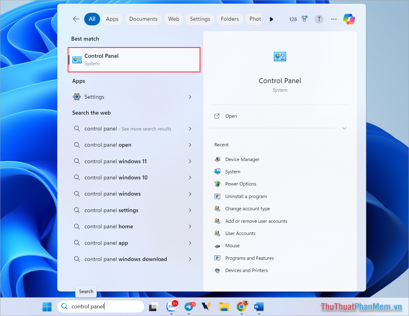 Bạn mở Search và nhập Control Panel