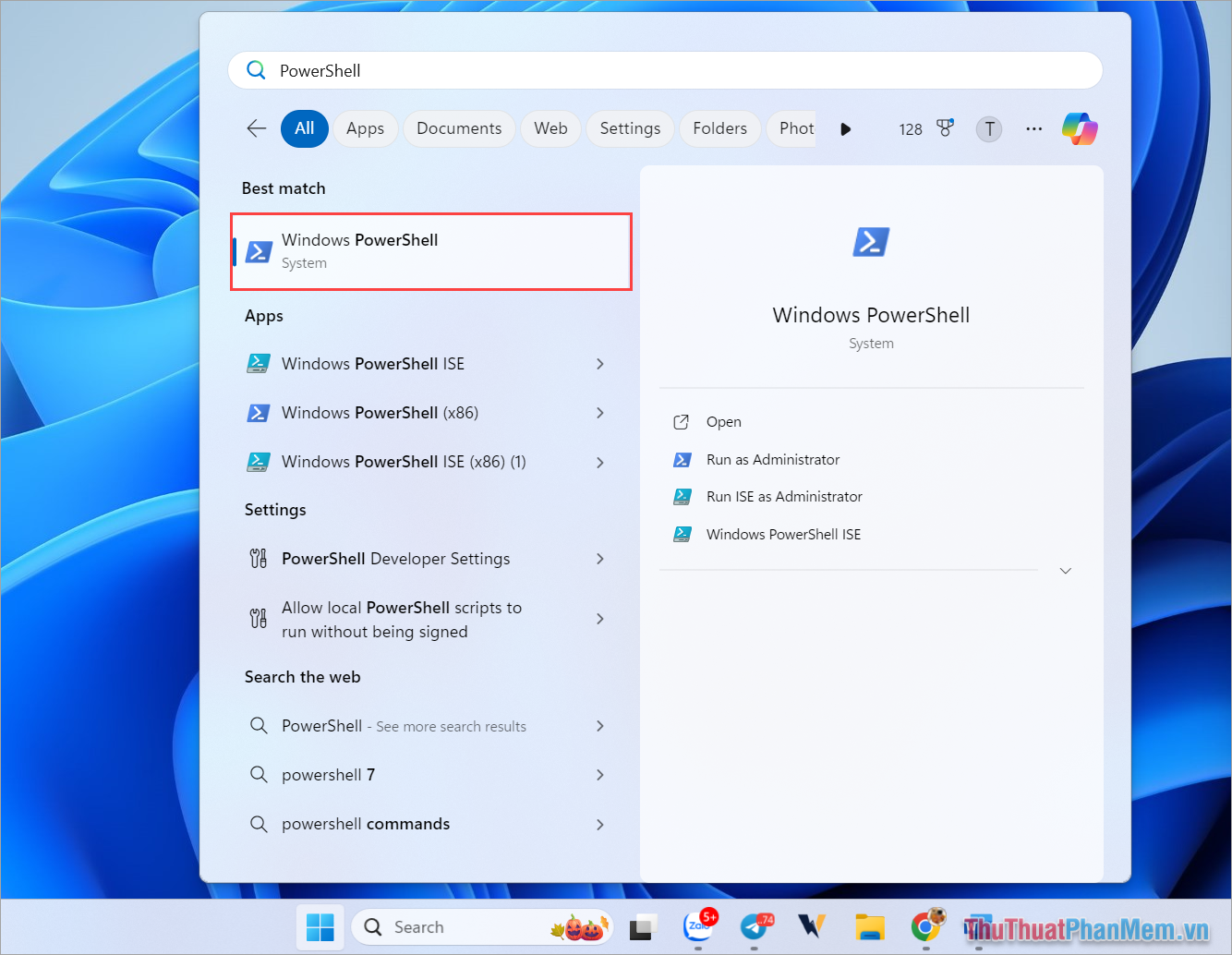Bạn nhập từ khóa PowerShell vào thanh tìm kiếm để mở
