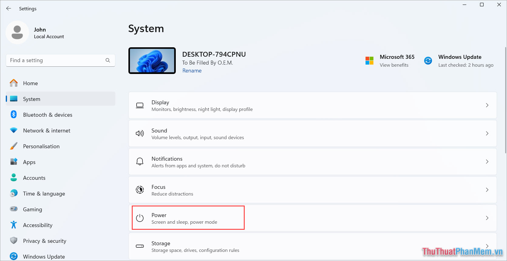 Chọn System → Power để thiết lập năng lượng