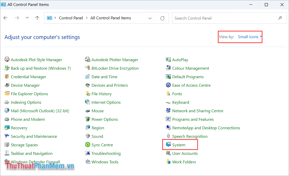 Chọn View by Small icons và ấn mục System