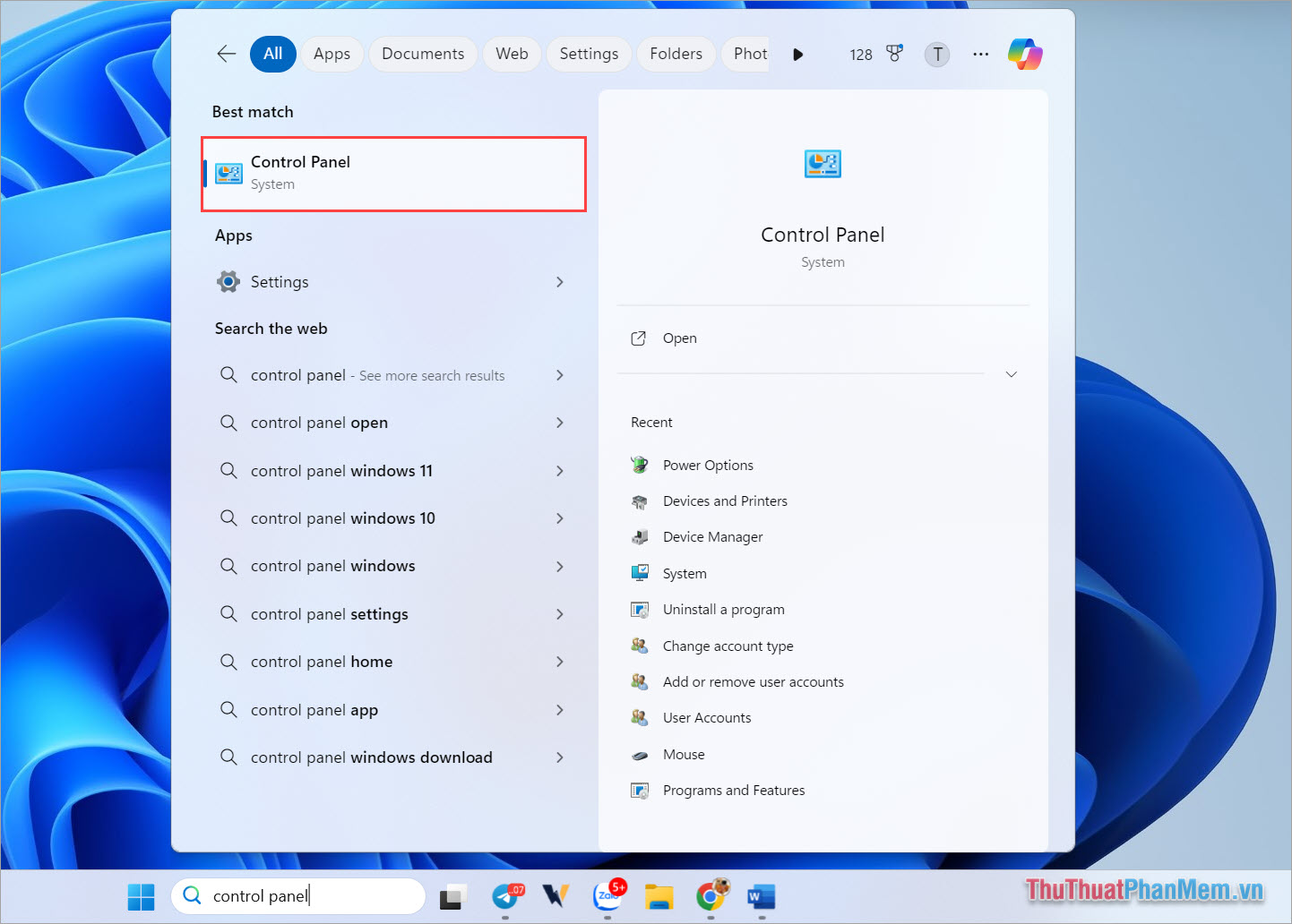 Nhập Control Panel vào thanh công cụ Windows 11