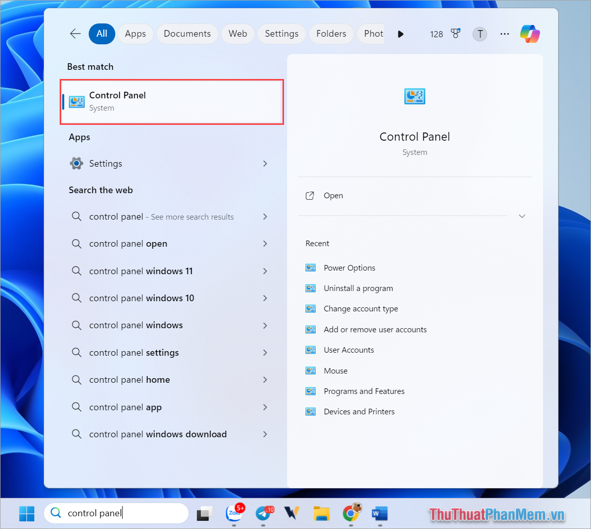 Nhập từ khóa Control Panel vào thanh tìm kiếm để mở bảng điều khiển