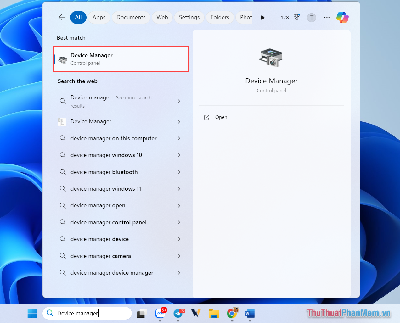 Nhập từ khóa Device Manager vào thanh tìm kiếm trên Windows 11 để mở