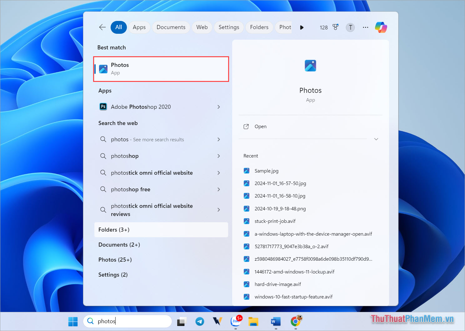 Nhập từ khóa Photos vào thanh tìm kiếm để mở