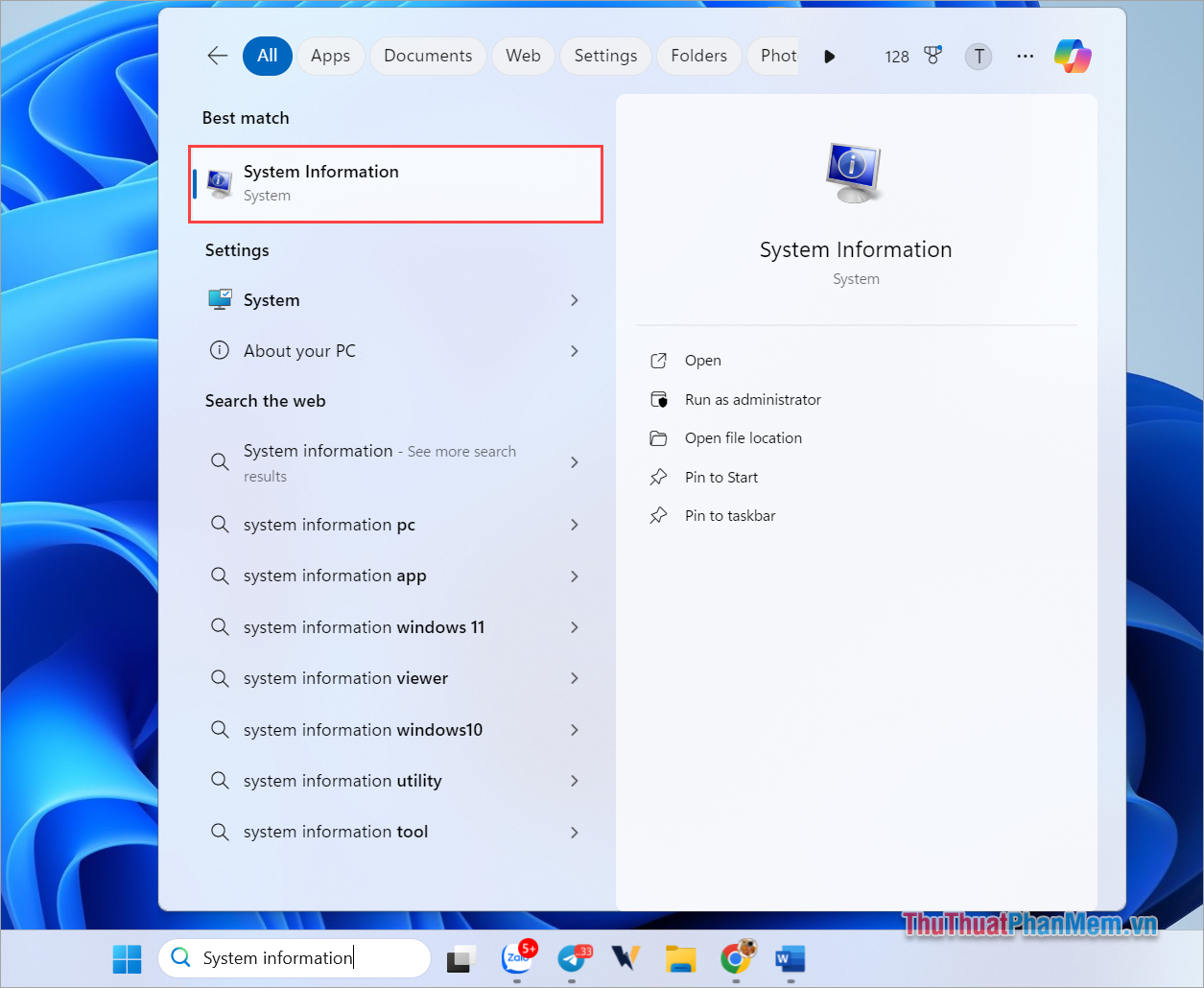Nhập từ khóa System Information vào thanh tìm kiếm