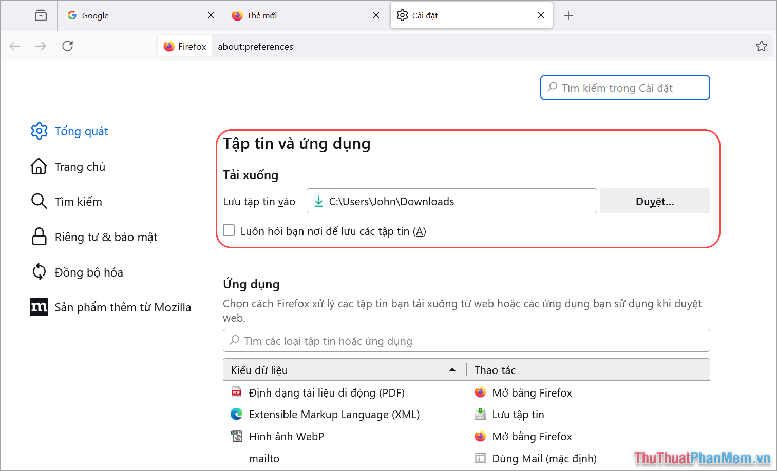 Trong Cài đặt FireFox, kéo xuống để tìm mục Tập tin và ứng dụng