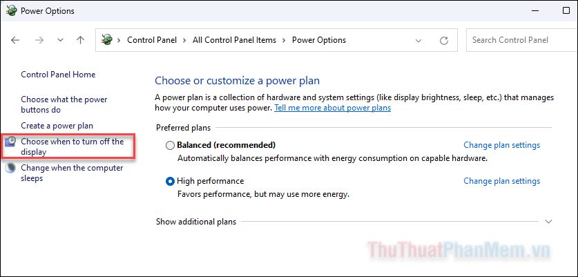 Bên trái màn hình, chọn Choose when to turn off the display