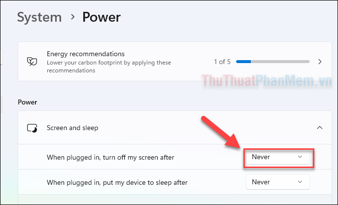 Chọn thời gian tại mục When plugged in, turn off my screen after