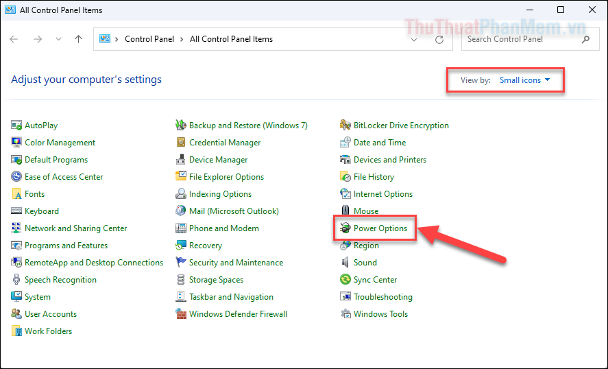 Chuyển sang mode View by Small icons và mở Power Options