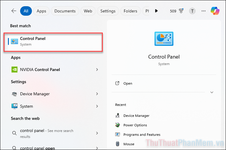 Mở Control Panel từ Start Menu bằng cách tìm kiếm