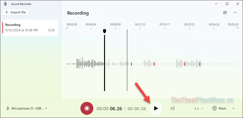 Nhấn nút Phát bằng phím tắt Cách để nghe lại bản ghi âm