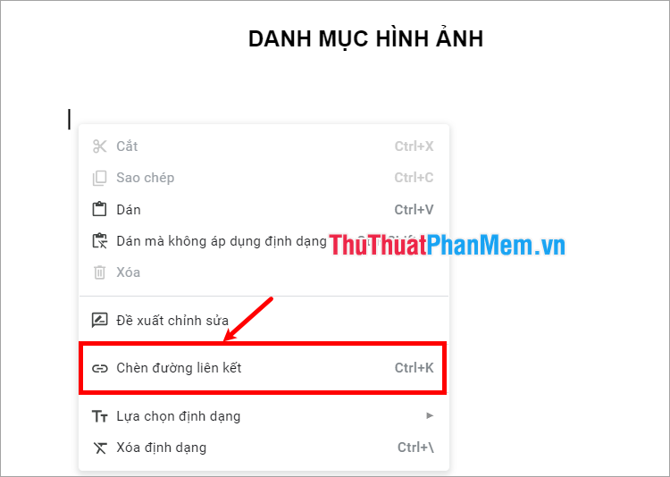 Phía dưới tiêu đề trang Danh mục hình ảnh, bạn nhấn chuột phải → Chèn đường liên kết