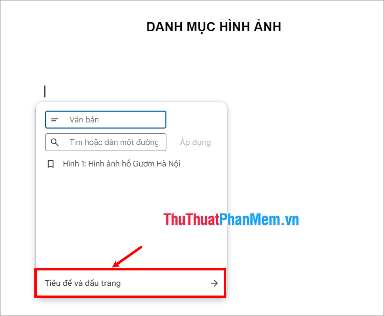 Tiếp theo chọn Tiêu đề và dấu trang