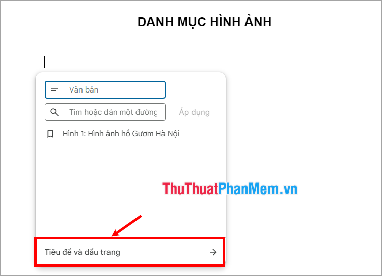 Tiếp theo chọn Tiêu đề và dấu trang